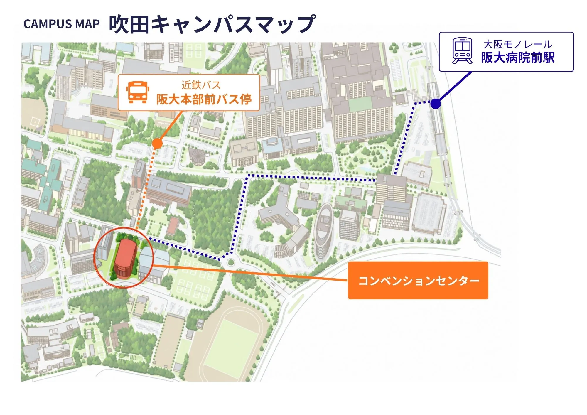大阪大学 吹田キャンパス コンベンションセンターまでの徒歩ルート案内図(大阪モノレール阪大病院前駅 / 近鉄バス阪大本部前バス停から)